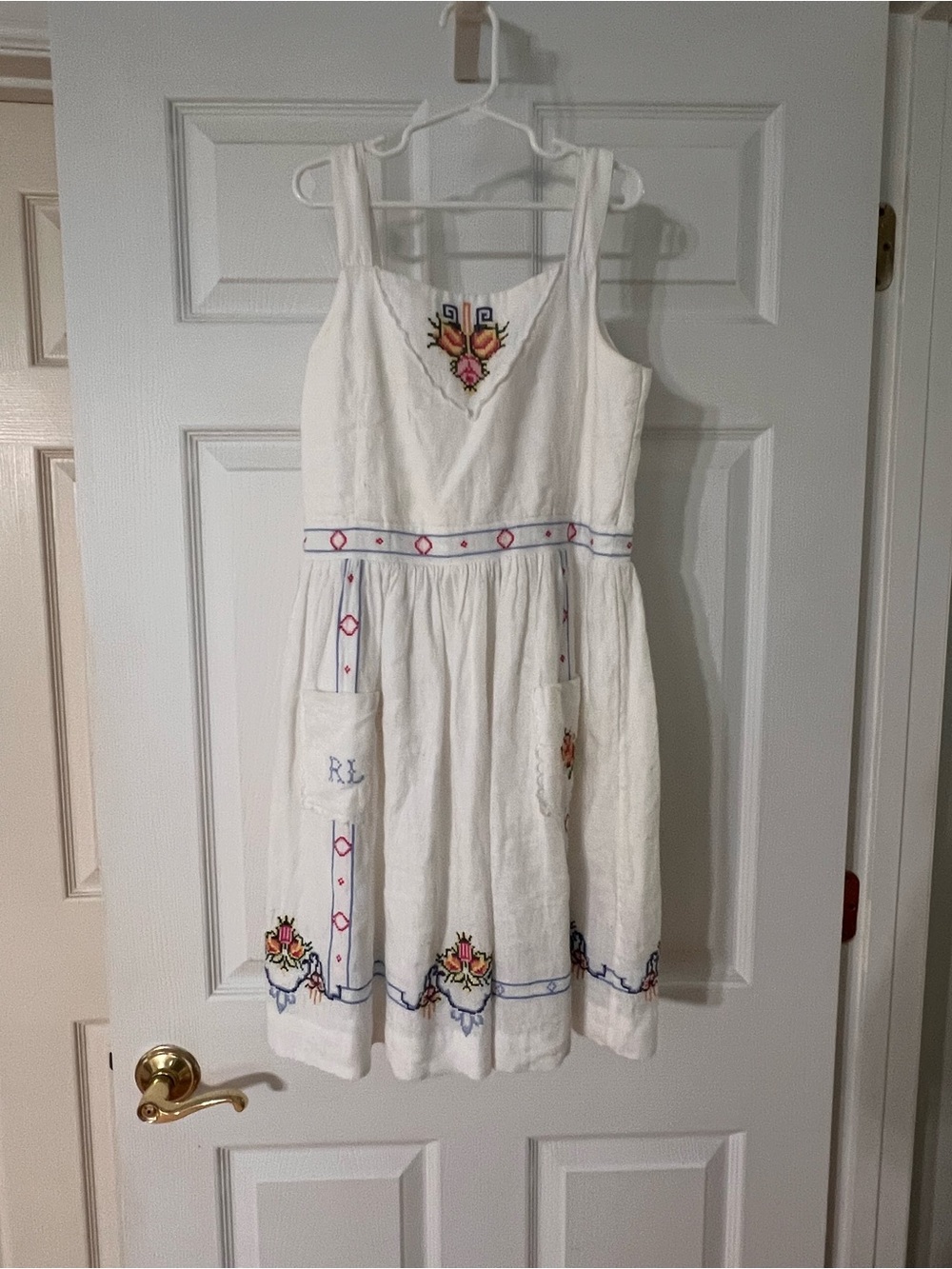 Ralph Lauren White Cotton Sleeveless Embroidered Girls' Dress